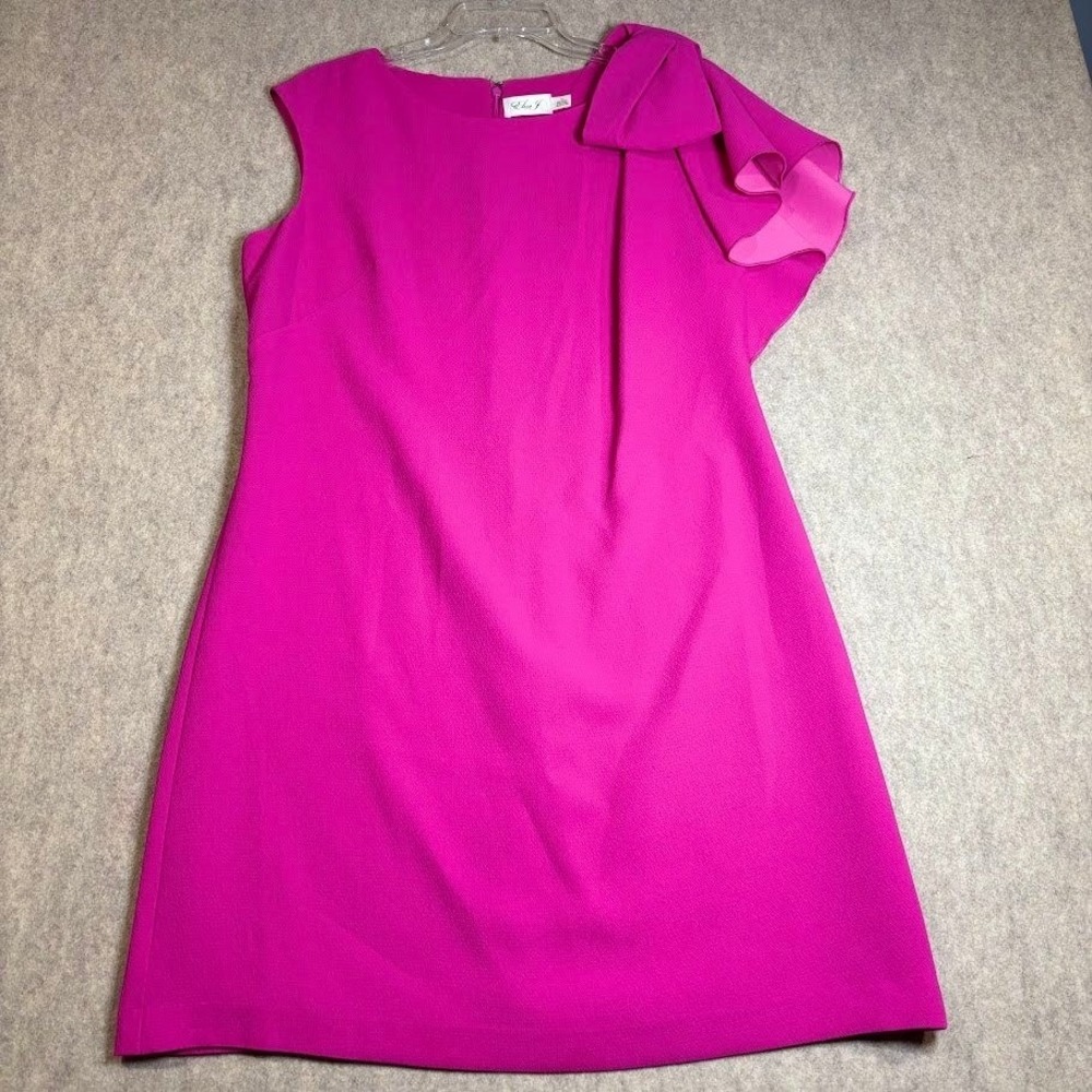 Eliza J Shift Dress Womens 14 Pink Polyester Ruffle Bow Cocktail Chic Trendy